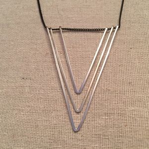 Silver Tone Geometric Necklace On Black Chain
